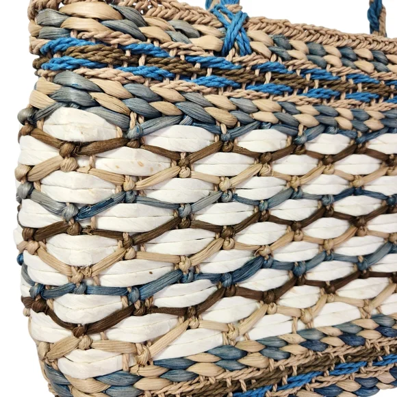 Vintage Woven Corn Husk Straw Tote Bag Purse Small Bohemian Beach Blue Braided - Picture 3 of 10